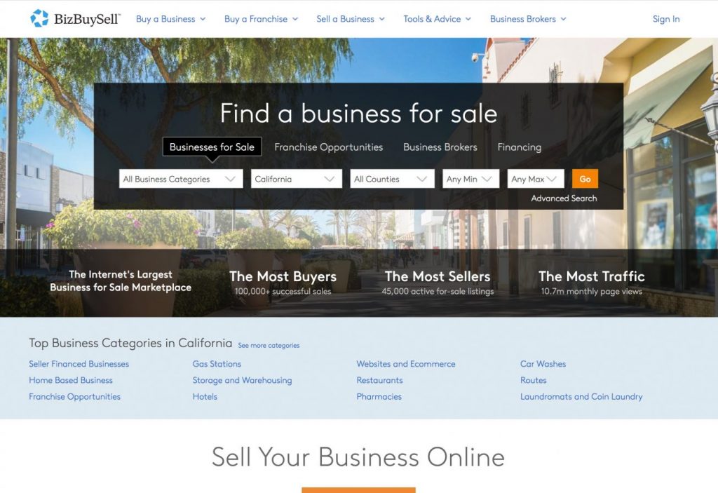 BizBuySell.com website for businesses for sale